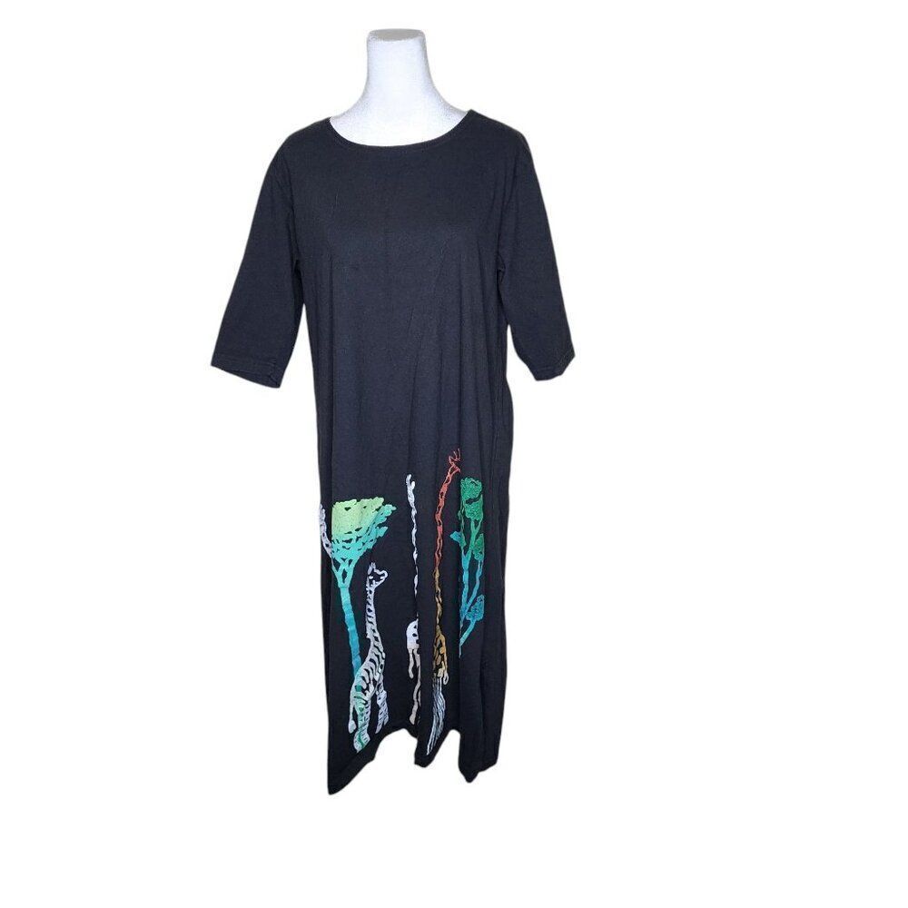 Vintage 90s Cabana Short Sleeve Safari Giraffe Zebra Shift Dress Womens L Black